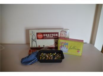 (#137) Vintage Erector Set, Bartons Chocolate Candy Tin, Vintage Tin, Colored Marbles
