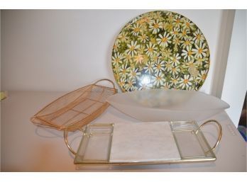 (#104) Vintage Resin Serving Platter, Glass Serving Bowl, Glass And Marble Cheese /cracker Server, Mesh Basket
