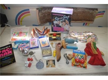 (#71) Vintage Trinket Toys, Jacks Cards, Flintstone Puppet, Bang Cap