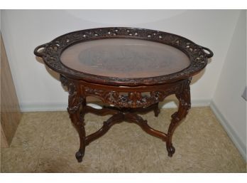 (#46) Antique Detail Design Wood Top Craved Accent Side End / Cocktail Table Removable Glass Tray (wood Crack)
