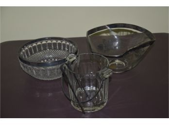 (#101) Vintage Glass Ware Serving Bowl Silver-plate Trim, Glass Ice Bucket