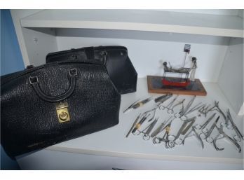 (#86) Vintage Medical Supply Bag (2) And Podiatrist Metal Medical Tools
