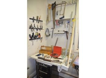 (#192) Assortment Of Tools, Craft Tools, Sharpening Stone, Wood Burner And Cabinet