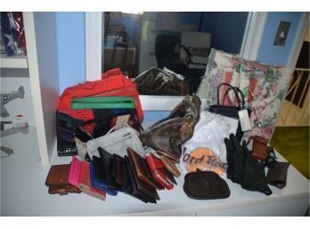 (#78) Lot Of Assortment Handbags, 80's Clutch Bags, Wallets, Leather Gloves, Faux? LV Bag