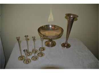 (#35) Silver Plate Large Pedestal Compote, Vase, Candle Sticks