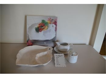 (#128) Ceramic Serving Leaf Platter, Menu Planner, Gravy Boat And Pier 1 Sugar And Creamer