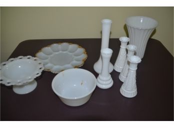 (#96) Milk Glass: Bud / Large Vase, Bowls, Deviled Egg - Some Anchor Hocking Milk Glass