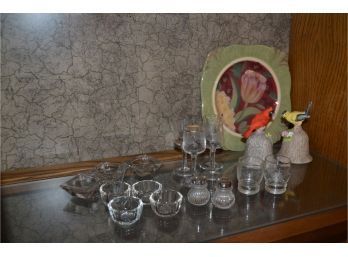 (#113) Assortment Of Glass Cordial, Salt And Pepper Shaker, Individual Salt Bowls