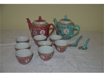 (#30) Asian Tea Pots (2) And Tea Cups (8) And Soup Spoons (2) Made In China