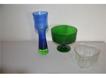 (#108) Modern 60's Sweden Aseda Glasbruk Green/Blue Vase,  Green Compote Glass Bowl