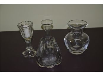 (#102) Glass Bud Vases And Candle Holder