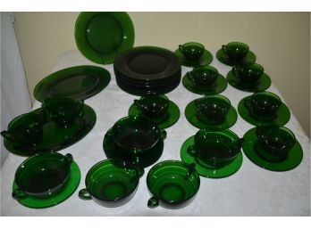 (#32) Green Depression Glass China Set (dinner Plates Worn), Cups And Saucers, Bowls, Sugar And Creamer