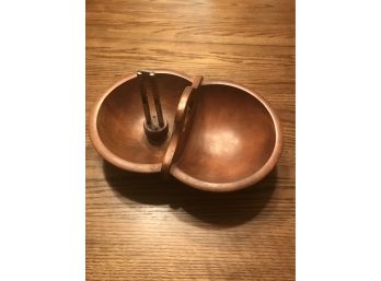 (008) Vintage Wooden Dual Bowl With NutCracker 12' Oval