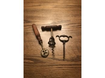(006)  Antique Barware Tools With Wooden Handles (set Of 3)
