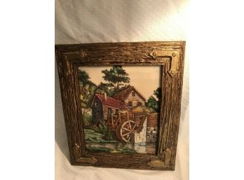 (038)Artini Sculptured Twin Etched Cottage Windmill Picture In Gold Frame