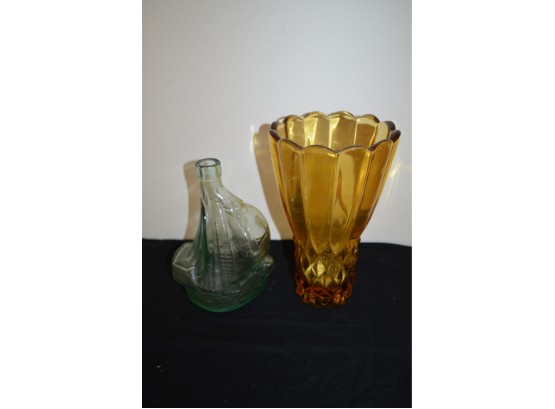 Vintage Amber Vase And Bottle