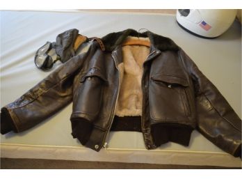 Vintage Leather Bomber Jacket And WWII Motorcycle Aviator Hat With Glasses