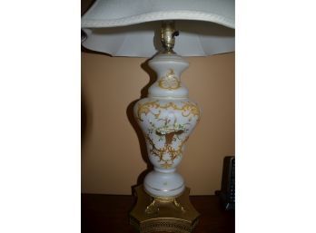 Vintage Moser Glass Lamp With Gold Encrusted, Enameled Floral Bouquet Raised Decoration Brass Base