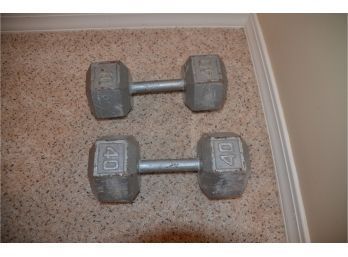 (#182) Pair Of Cast Iron Hex Dumbbell 40lbs Weights