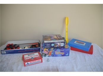 (#151) Vintage Games: Battle Ship, Trivia Pursuit, Mighty Beanz, Poker Chips, Yellow Plastic Trick Track,