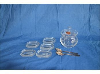 (#34) Crystal Gorham Condiment Jar And Glass Sculptured Angel 5 Individual Ash Trays