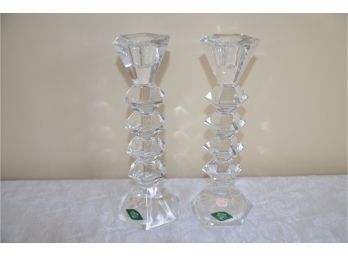 (#211) Modern Pair Of Shannon Slovakia 24 Percent Lead Crystal Glass Candle Stick Holders