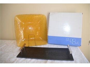 (#59) Nova Studio Yellow Glass Serving Platter In Box And Marble Serving Tray