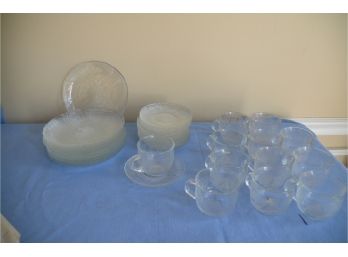 (#237) Glass Dessert Plates (11) And Saucers (13) And Coffee Cups (12)