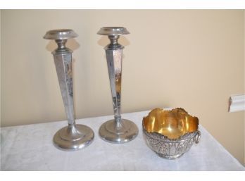 (#74) Metal Candle Sticks Silver Plate Trinket Bowl