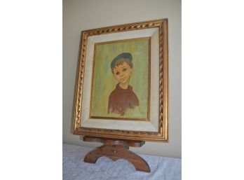 (#134) Framed Wood Watercolor? Sweet Child Signed Darnier