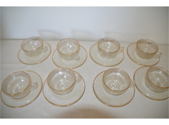 (#72) Jeannette Clear Glass Gold Rim Cups And Saucers Set Of 8