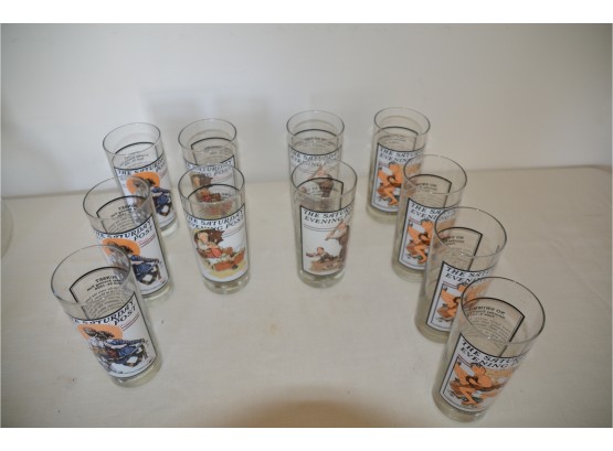 (#97) Arby's Collecible Rockwell Summer Scenes Evening Post Drinking Glasses 11 Of Them