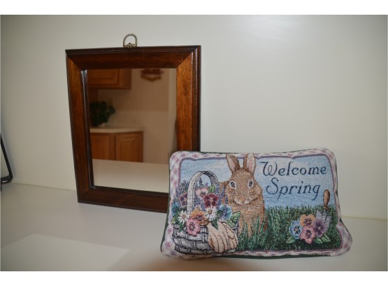 (#7) Wood Frame Mirror 10x12 And Decorative 'Welcome' Pillow