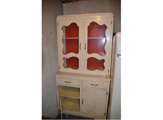Vintage Wood Cupboard Breakfront Glass Doors