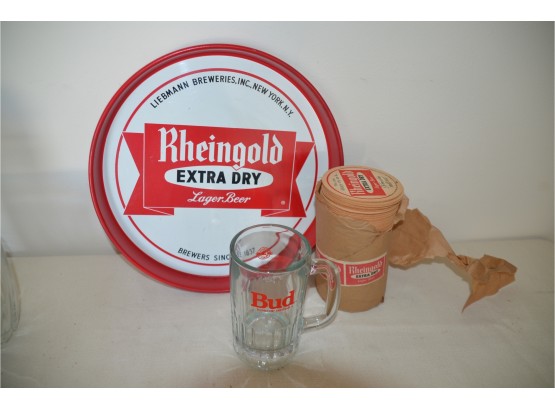 (#156) Rheingold Vintage Round Tray And Package Of Rheingold Paper Coasters, Bud Mug