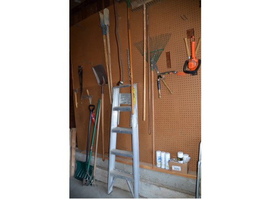(#330) Wall With Assorted Garden Tools, Ladder, Hedge Trimmer
