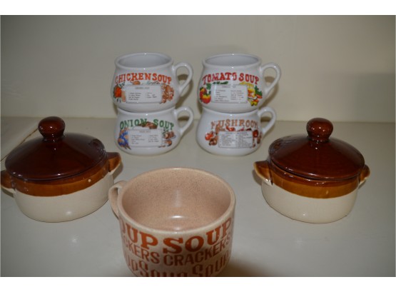 (#146) Assorted Soup Bowl Cups And French Onion Bowl With Lids