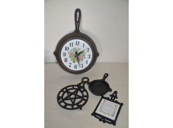 (#187) Vintage Cast Iron Kitchen Wall Clock, Trivets, Ash Tray Pan