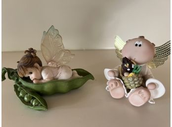 (#27) Mini Angel Figurines: My Little Sweet Pea Fairy 2.5'H AND Clay Thumb Print Angel 3'H