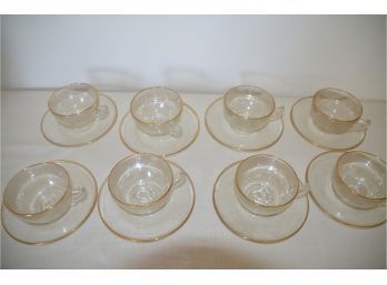 (#72) Jeannette Clear Glass Gold Rim Cups And Saucers Set Of 8