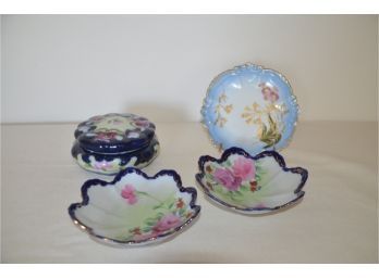(#66) Vintage Hand-painted Japan Floral Covered Pin Dish,  2 Trinket Plates, Limoge Plate (slight Chip),