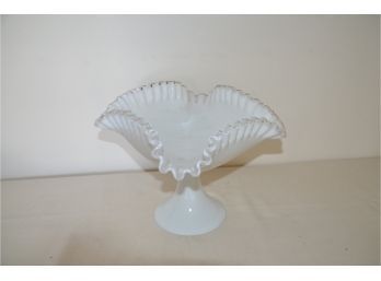 (#116) Beautiful Fenton Silver Milk Crest Style Milk Glass Ruffled Pedestal Square Dish 8'H