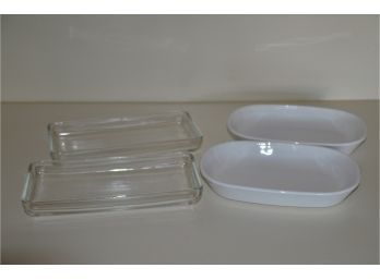 (#44) Sidekick Single White Corning Ware 4.5x6.75 AND Glass Butter Dishes 4x8