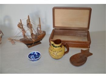 (#178) Wooden Box, Ship And Pineapple Bowl, Ceramic Pitcher