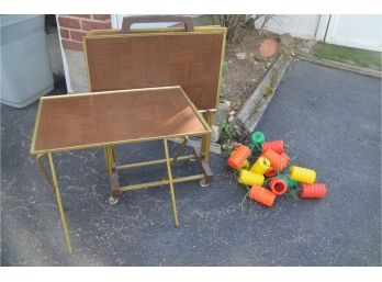 (#347) Vintage Snack Table Set With Vintage Outdoor Plastic Blow Mold Patio String Lantern Tiki Lights