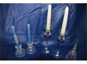 (#106) Candle Stick Holders With Candles And Crystal Bell