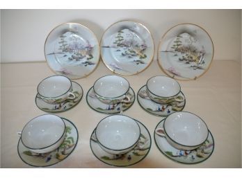(#64) Japan Porcelain Hand-painted 6 Cups And Sauces, 3 Dessert Plates