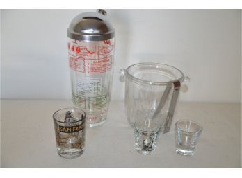 (#157) Vintage Cocktail Shaker, 2 Shot Glasses, Glass Ice Bucket With Tongs