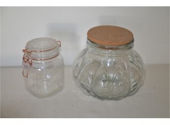 (#175) Glass Canister With Cork Top And Covered Jar