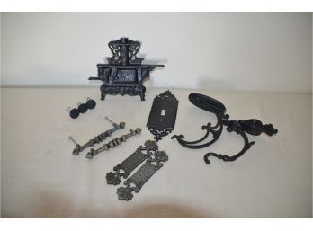 (#189) Cast Iron And Metal Assorted Items: Cabinet Handles, Hooks, Light Plate Holder